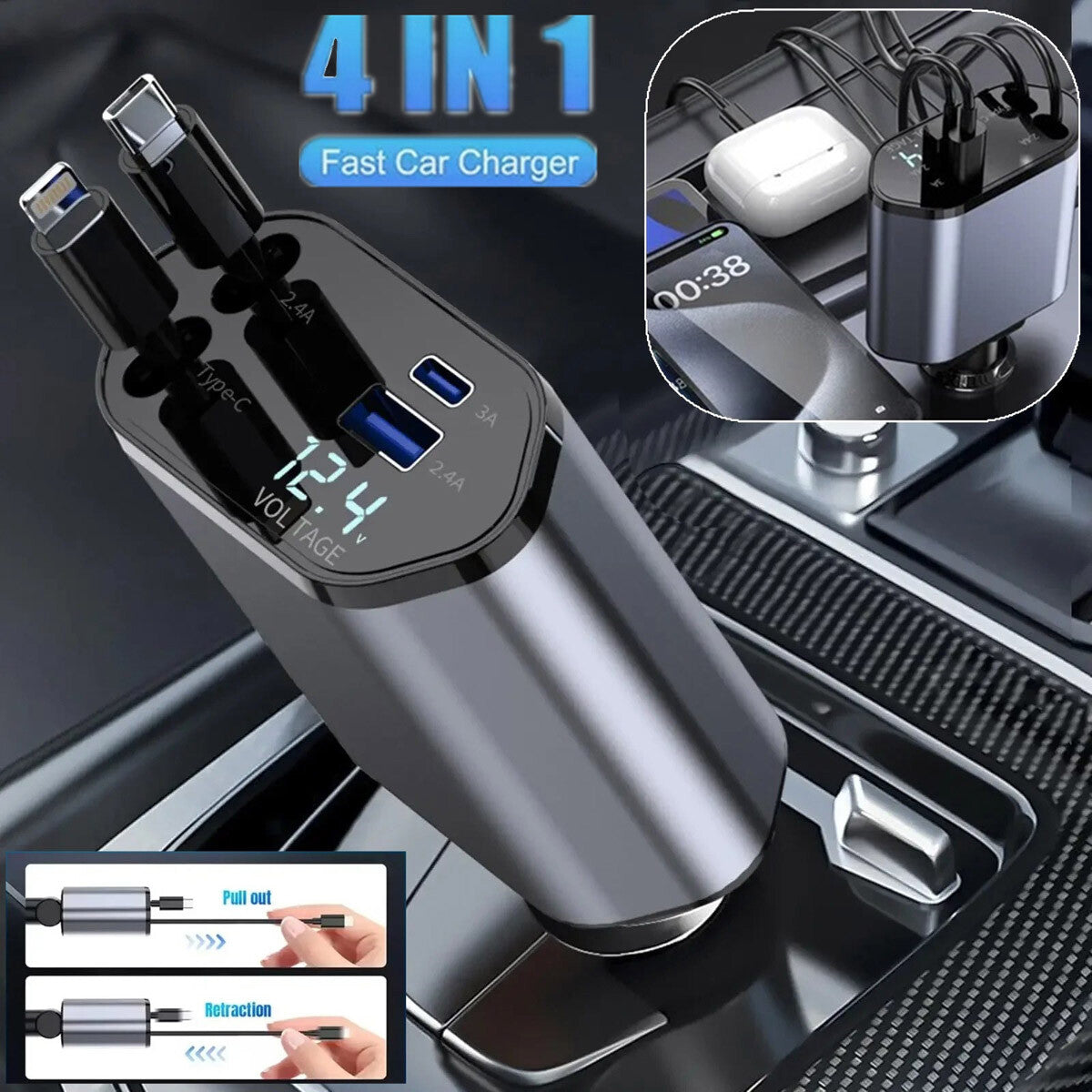 شاحن سيارة سريع 120W 4 في 1 بكابلات سحب Type‑C - صورة 2